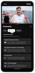 YouTube - Feature AI argomenti commenti
