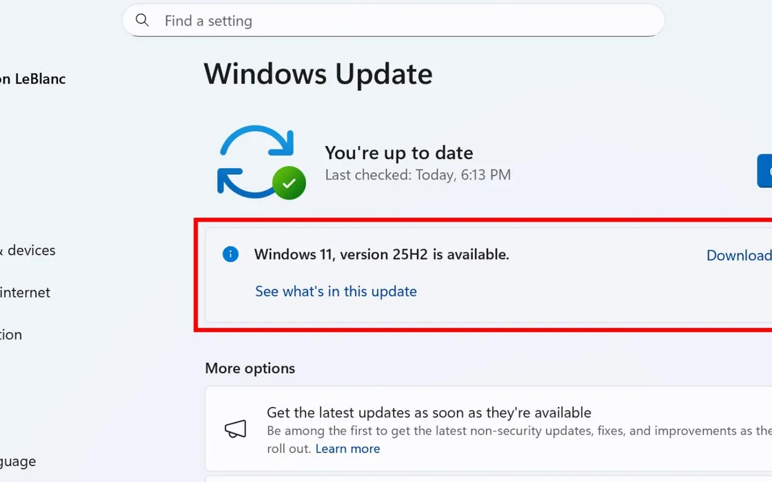 Windows 11 25H2 non avrà nuove funzionalità al momento del lancio