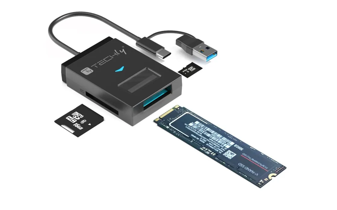 Adattatore da USB-A/USB-C a NVMe/SATA M.2 con lettore schede SD/TF Techly: caratteristiche e vantaggi