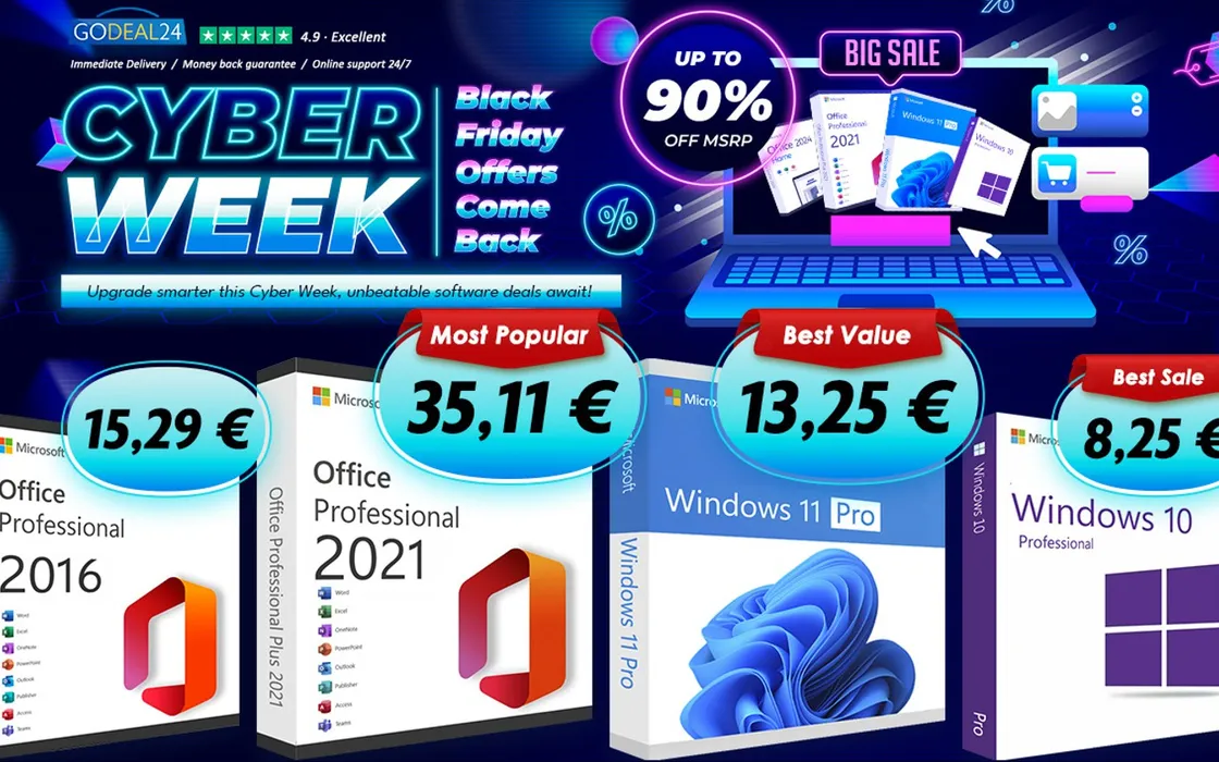 Super sconti per la Cyber Week: suite da ufficio a vita da 15,29€, Windows 11 Pro a soli 13,29€