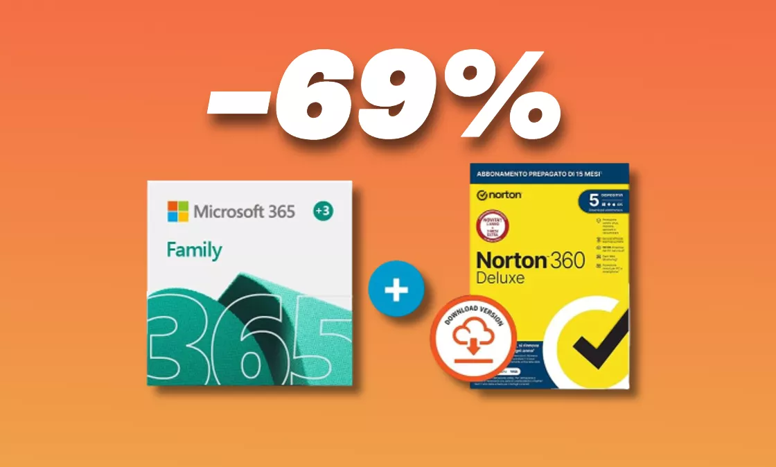 Microsoft 365 Family con Norton 360 Deluxe: sconto FOLLE del 69%