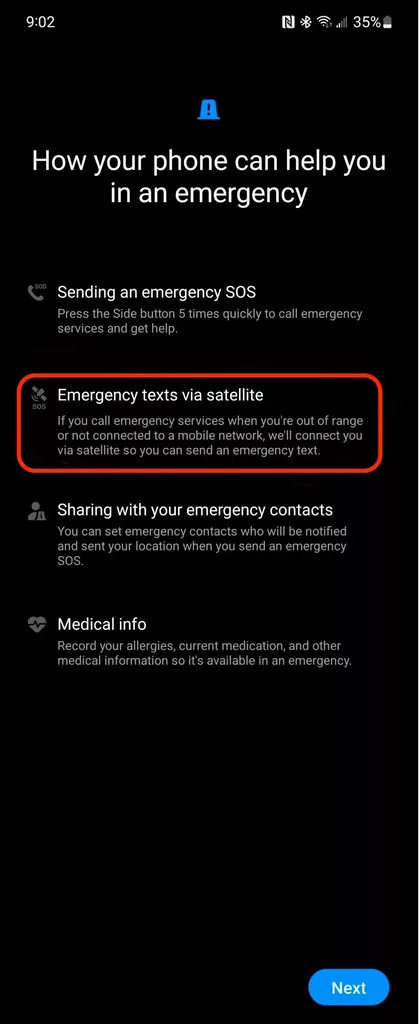Samsung Galaxy S24 connessione satellitare emergenza screenshot 