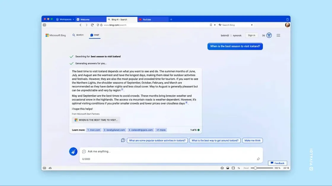 Vivaldi rende Bing Chat accessibile fingendosi Microsoft Edge