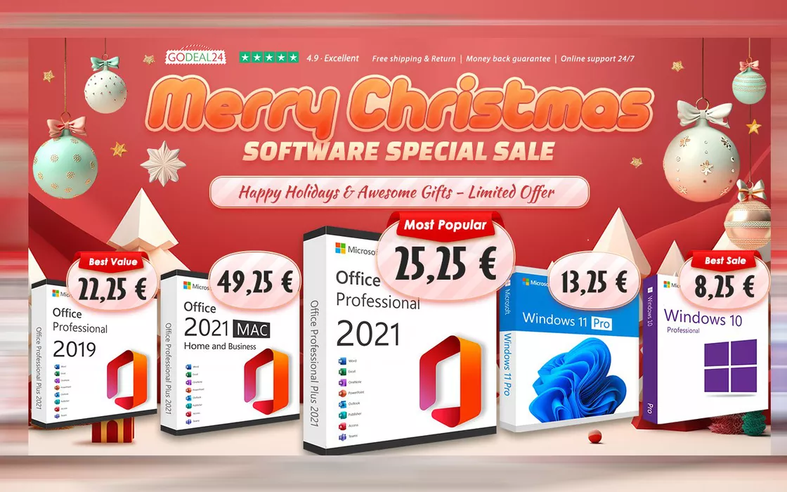 Sorpresa di Natale da Godeal24! Office 2021 Pro da 15,05€ e Windows 11 Pro da 13,25€
