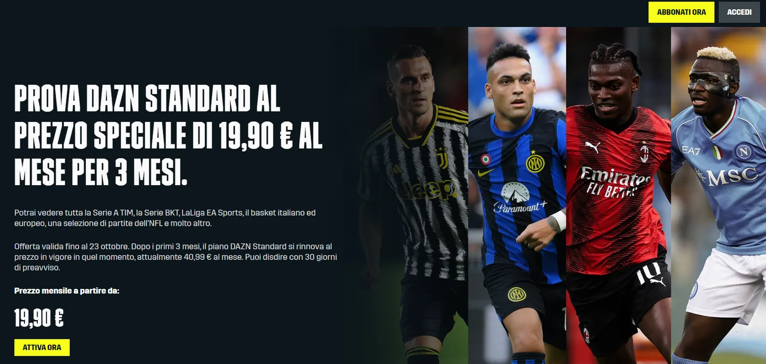 Offerta DAZN abbonamento Standard a metà prezzo per 3 mesi