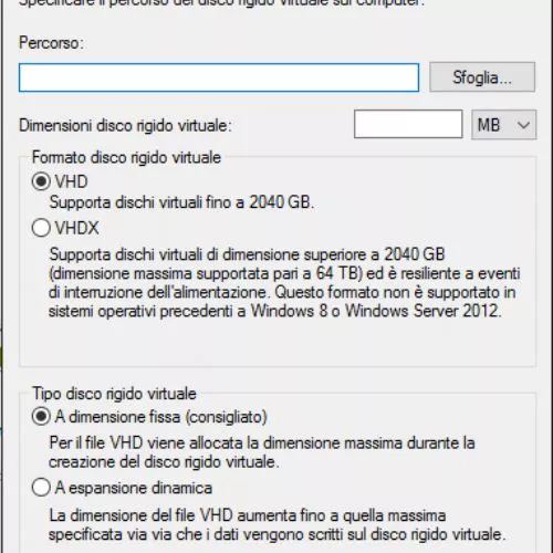 Creare hard disk virtuale in formato VHD