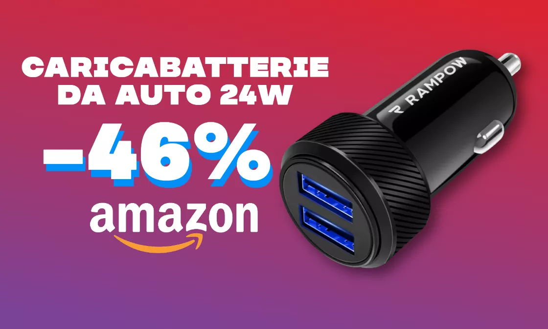 Caricabatterie da auto 24W con doppia USB-A: -46% su Amazon