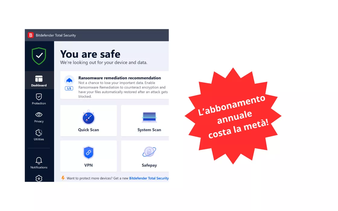 Bitdefender blinda la tua sicurezza online: 50% di sconto per 1 anno su 5 device